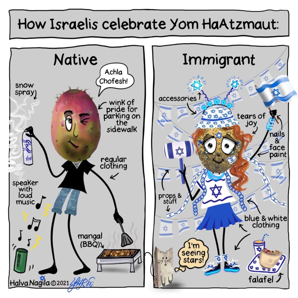 Native Israeli with jeans and BBQ; immigrant dressed in blue and white with tears of joy