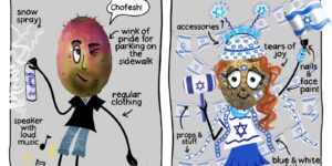 Native Israeli with jeans and BBQ; immigrant dressed in blue and white with tears of joy